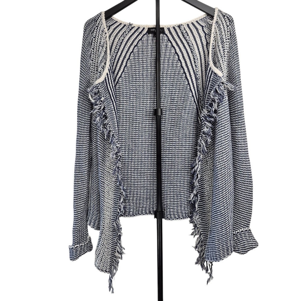 Colour Works Womens M Blue White Cardigan Wrap Fringe‎ Detail Linen Blend